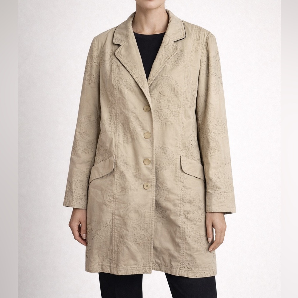 J Jill tan beige embroidered canvas long jacket coat women’s medium